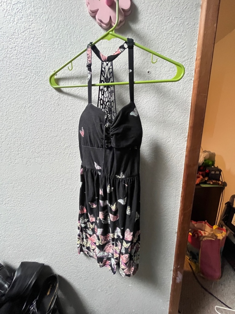 No Boundaries Black Butterfly Print Dress with Lace Detail